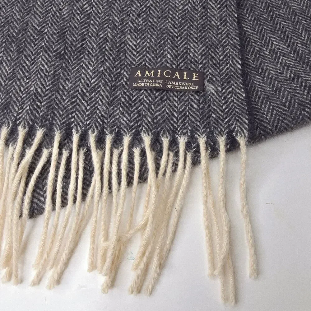 Amicale Unisex Super Soft Lightweight Dark Grey 100% Lambs Wool Scarf Fringe